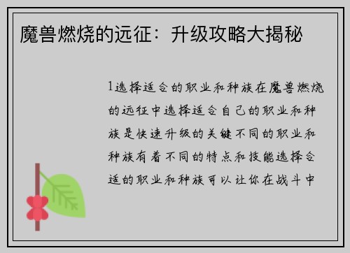 魔兽燃烧的远征：升级攻略大揭秘